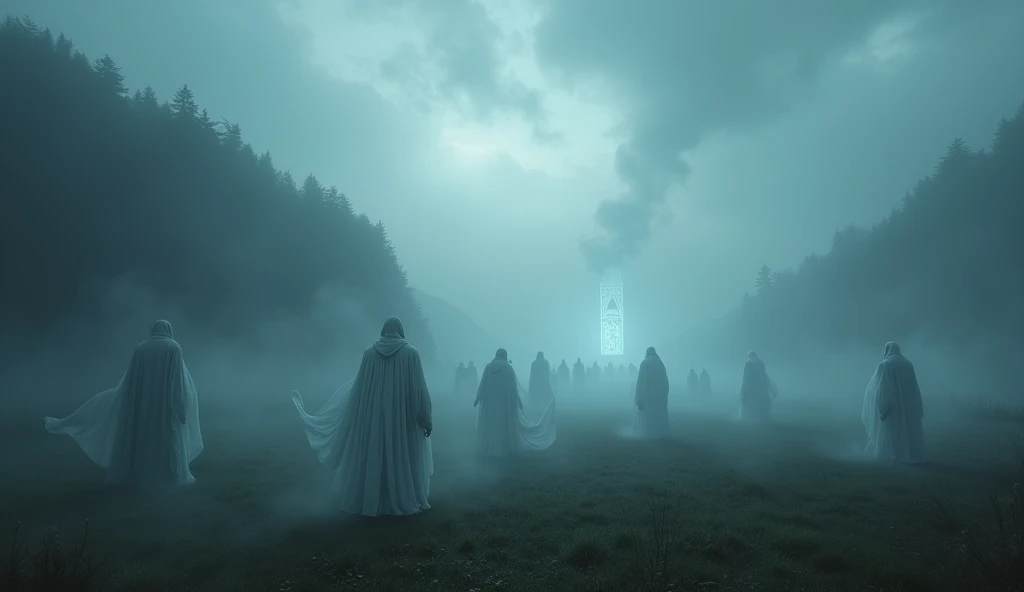 "A cinematic depiction of a misty valley under a stormy sky, where the echoes of an ancient bell ring out. Ethereal, translucent spirits begin to form amidst the swirling winds, their shapes faint and ghostly, blending seamlessly into the landscape. The at...