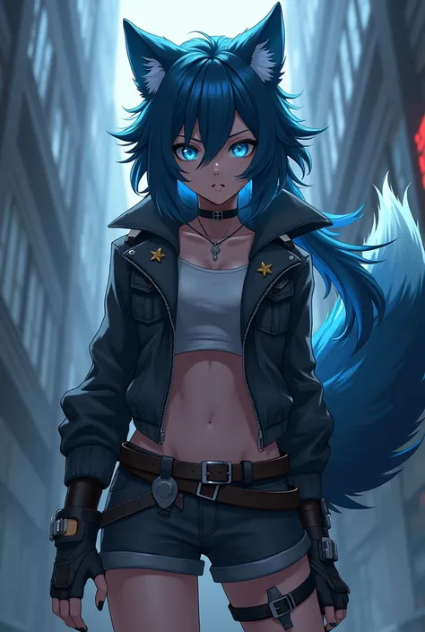 Anime wolf girl with neon blue wolf ears and wolf tail. Her clothes are cool, for combat, has leather accents, not sexy. 