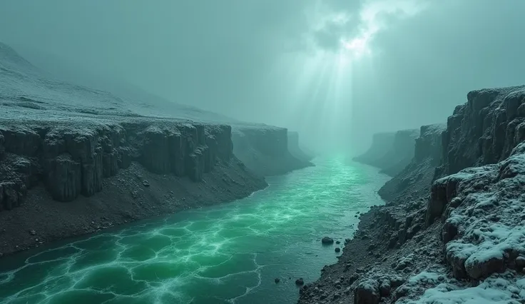 A chilling and eerie scene of a poison-filled river flowing through the desolate, icy realm of Niflheim. The rivers surface is a sickly green, bubbling with toxic fumes that rise into the cold, misty air. Jagged, frost-covered rocks line the riverbanks, wh...