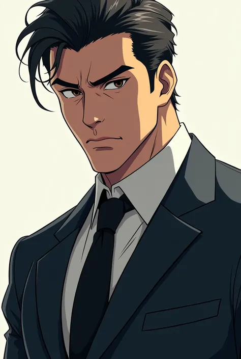 man, sharp features, wearing a suit, dark hair and eyes, no beard, strong, anime style 