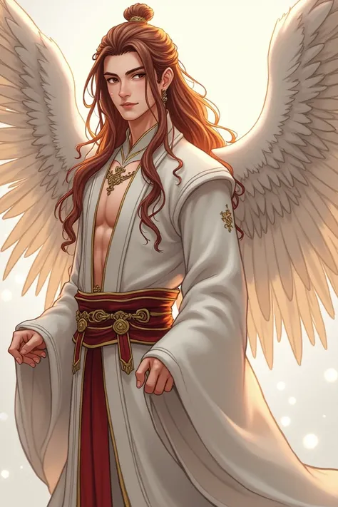  clothing Creates an image of an angel man with long hair, Very handsome with 6 wings and wearing Xianxia , Picturesque anime-style drawing