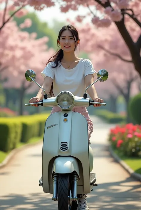  a beautiful Korean woman , proposional fat body ,a faint smile looks at you ,long hair ponytail , wears a small gold necklace with a small pendant ,wearing a t-shirt, wears all-over pants , wears sneakers jordan , looks like riding a scooter through the p...