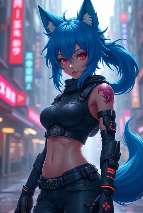 Anime wolf girl with neon blue wolf ears and wolf tail. Her clothes are cool, for combat, not sexy. 