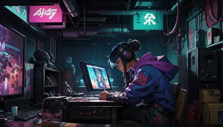 a monster playing video games on a computer in a lofi cyberpunk setting, pixiv, sofubi, japanese cartoon style, lofi, cyberpunk