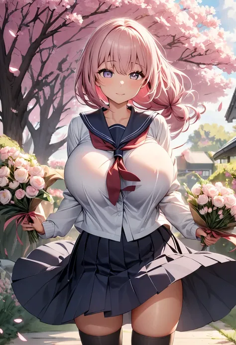 A serene and gentle young girl with long, wavy pastel-pink hair tied with a soft ribbon and large, doe-like lavender eyes, exuding a calming presence. She wears a traditional school uniform with a soft cardigan over her blouse and a flowing skirt that sway...