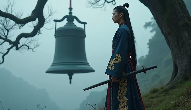 "A cinematic close-up of Hoàng standing on the misty mountainside of Núi Cấm, facing a massive, ancient bell suspended from a gnarled tree. Hoàng, a tall and athletic young man with a sharp gaze and long black hair tied neatly, is dressed in a traditional ...