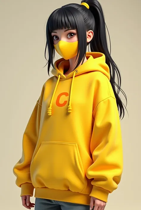 Create a 3d girl gamer wearing hoodie and face mask, color yellow with C at the back 