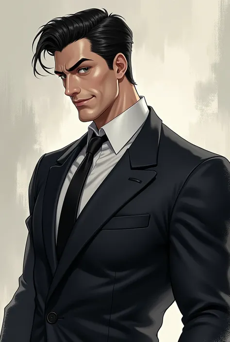 man, sharp features, wearing a suit, dark hair and eyes, no beard, strong and muscular, anime-realistic style, smirks 