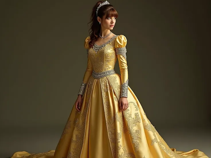  Her dress was a masterpiece of craftsmanship ,  made of a golden and light fabric ,  but adorned with intricate embroidery on silver threads that told stories of kings and queens of their lineage.  Each detail seemed to scream responsibility ,  from the l...