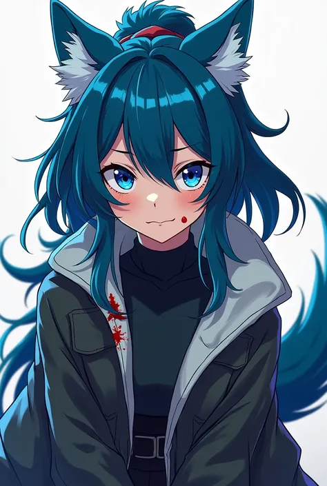 Anime wolf girl with neon blue wolf ears and wolf tail. Her clothes are cool, for combat, not sexy, she has blood splattered on her right face cheek. 