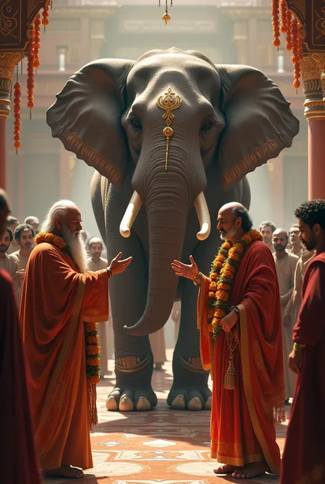 ""The elder gestures towards the elephant, explaining the tradition of choosing the new ruler through the divine act of garlanding. The crowd nods in agreement, their expressions hopeful as they glance at the ascetic with the garland around his neck. The m...