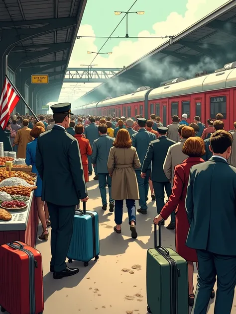 Busy train platform, in American comic style. Full shot of people rushing to catch trains, suitcases scattered everywhere. A conductor is shouting and waving his flag. There are vendors selling snacks and newspapers. The platform is filled with steam from ...