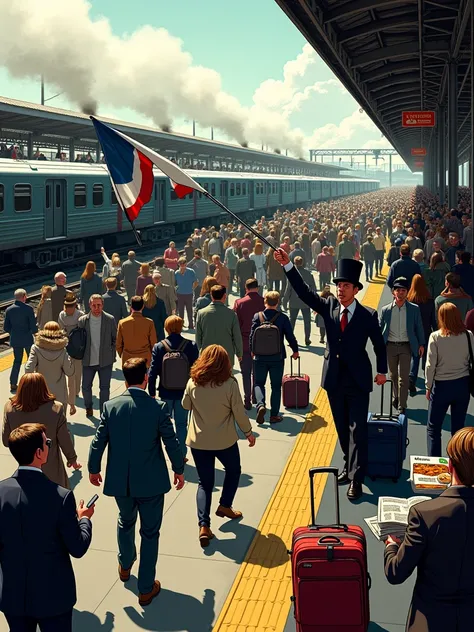 Busy train platform, in American comic style. Full shot of people rushing to catch trains, suitcases scattered everywhere. A conductor is shouting and waving his flag. There are vendors selling snacks and newspapers. The platform is filled with steam from ...