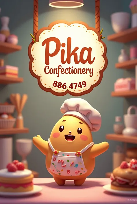  Make an image of an animated pastry chef say "Pika confectionery "  and that has the phone number 88864749 