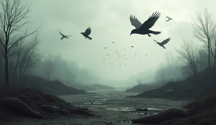 Desolate landscapes, with crows flying over empty land and many abandoned bodies. Apocalyptic scene 
