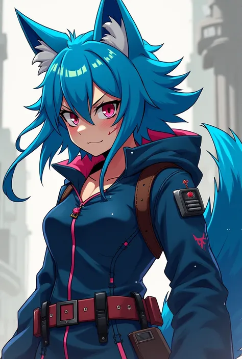 Anime wolf girl with neon blue wolf ears and wolf tail. Her clothes are cool, for combat, not sexy, she has blood splattered on her face. 