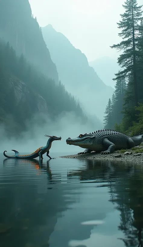 Here’s a prompt for the image:

"A majestic scene in an Alpine Forest sea, where the dense evergreen trees meet a calm, mist-covered body of water. On the shore, a large sea serpent, with iridescent scales and glowing eyes, faces off against a massive croc...