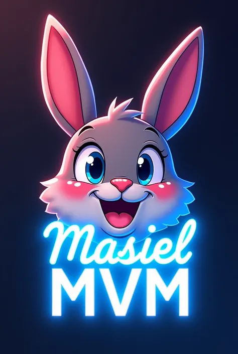 Create a logo with the face of a happy anime-type humanoid male rabbit with the name MASIEL MVM underneath with blue neon letters, bottomless