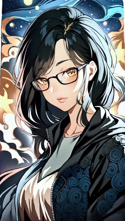 1 girl, Alone, Pretty black loose hair very very long , fine face,nice lips, percent eyes, looking at the viewer with a bit angle, Big chubby girl, Buste , badass, glasses,  stylized badass gamer jacket in night blue,  starry night background,  montrant un...