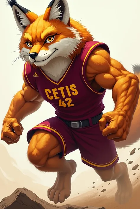  A creative school mascot, Rough, animator, with warm colors, wine-colored uniform , with the Cetis 42 logo 
That the uniform does not have shoulder pads
Let the animal be a lynx