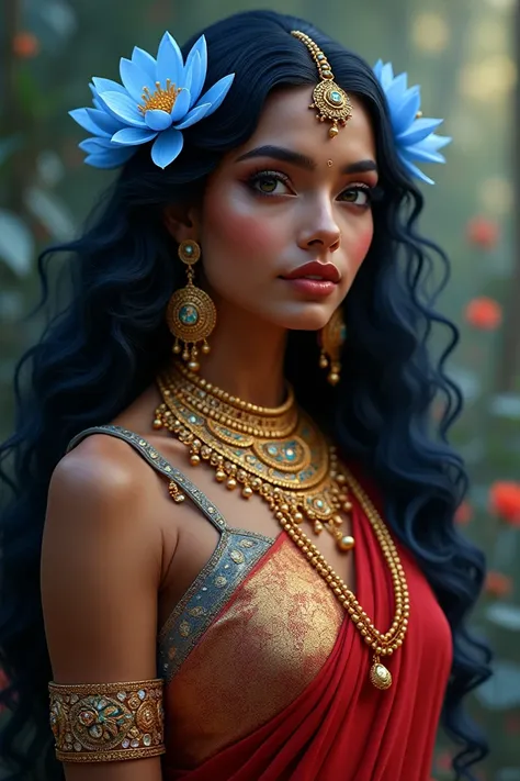 A woman, so beautiful, absolutely gorgeous, in brown complexion, indian gold jwelris like a queen, beautiful red arorned saree, hair long curl dark blue, adorned with blue lotuses. Eyes like lotus patles, small nose, rosy cheeks, and glossy Beutiful lips. ...