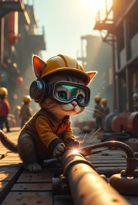 A dusty, sunlit dock area. The camera zooms in on a cat wearing a welding helmet, safety goggles, and a welding suit, working on a large pipe in the background. The sounds of machinery hum in the distance.