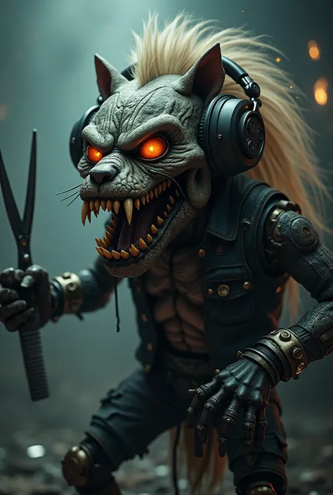 Clipper turns into a monster wearing headphones listening to rock music holding a comb and scissors