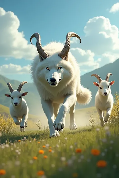 A horned white wolf runs after little goats.