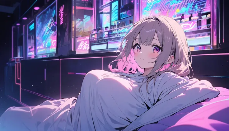  best quality, cute girl,Relax,night, neon light