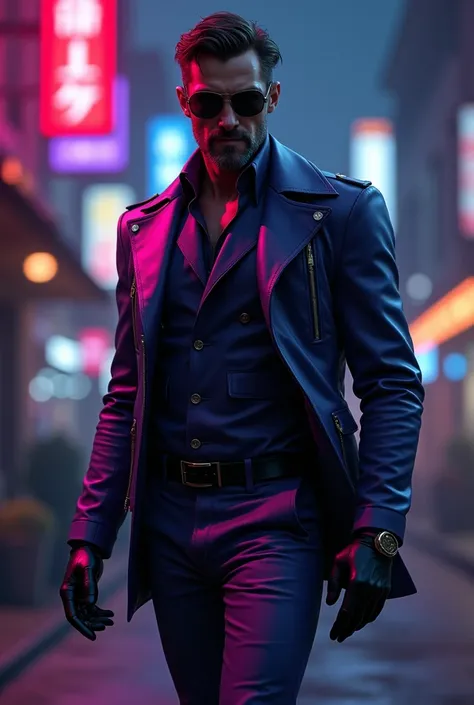 Man spy in sunglasses wearing a purple leather jacket, purple leather pants, and leather gloves