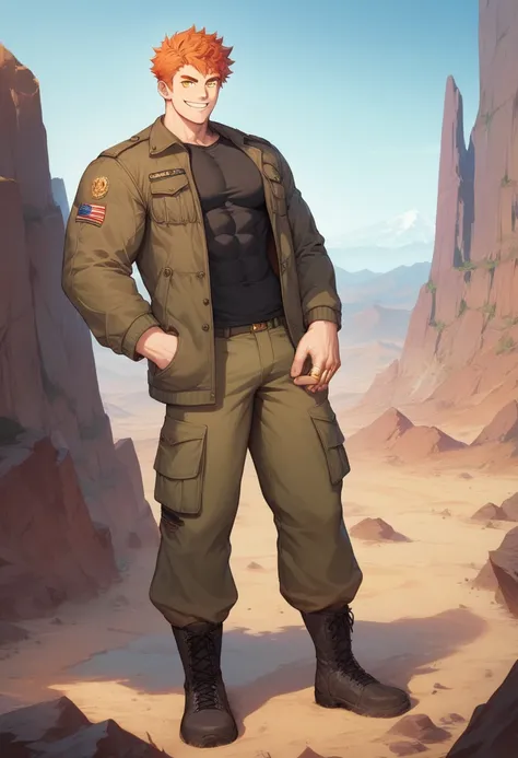 muscular man, defined body, Gold rings on all fingers.,  light blue gangster jacket , Black shirt under the jacket,  long green military pants, brown military boots ,  evil smile ,  pointed orange hair  ,  messy hair ,  short hair, yellow eyes,  desert lan...