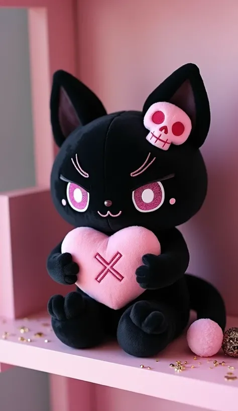 Design an ultra-cute Kuromi plush doll with a soft, rounded body covered in velvety black fabric. She has her signature mischievous expression, with bright, twinkling eyes and her iconic pink skull on her head. Her tiny hands and feet are slightly oversize...