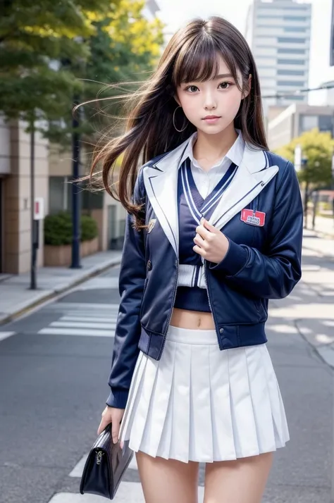  Masterpiece, best quality, 1 girl, Cowboy Shots , Beautiful Young Japanese Girls ,(8 head and body),18 years old,(Bustling downtown scenery:1.2) Ultra Short White Pleated Miniskirt and a woman wearing a dark blue jacket,Japanese high school girl uniform ,...