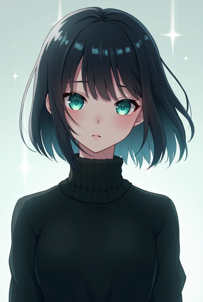 anime image: a girl about , bob hair, turquoise eyes, wearing ablack sweater