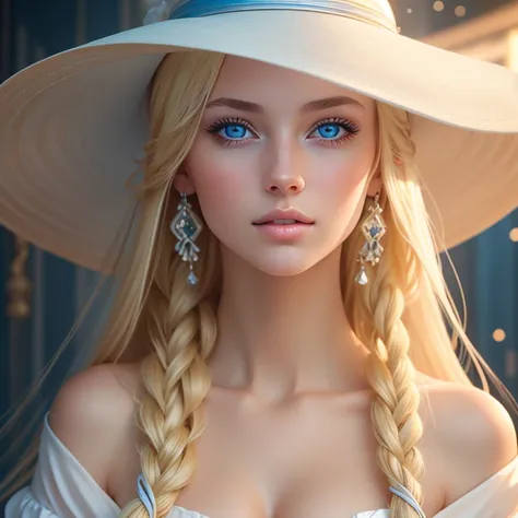 Portrait of a blonde girl in a white hat and a white shirt, Sensual expression, Necessary,  best quality,  Art of decoration,  masterpiece , Backlighting, toys,  very long hair , Jewel,  Fringe between the eyes,  blonde hair ,  Blue Eyes,  high resolution,...