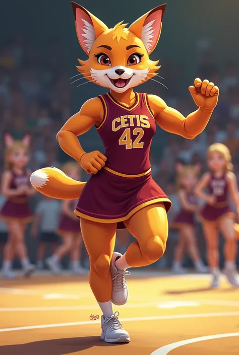 A creative school mascot, cheerleader, with skirt and warm colors , wine-colored uniform ,  with the Cetis 42 logo 
That the uniform does not have shoulder pads
Let the animal be a lynx