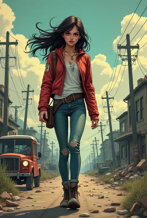 a girl character, full body, in the background a road, the zombie apocalypse thematic, comic drawing style, HD, without gun,without weapons, very detailed.