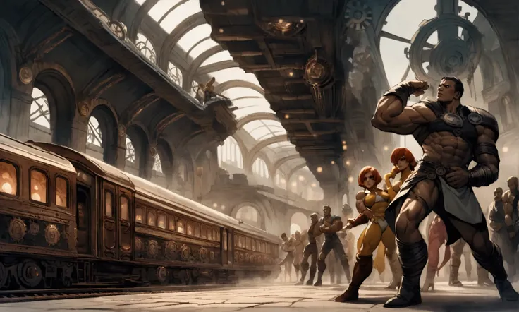 (muscle-bound He-Man,Teela,Man-At-Arms,detailed character designs,intricate steampunk train station,bustling platform,fantastical architecture,gears and steam,crowd of heroes,high fantasy elements,cinematic lighting,dramatic poses,dynamic composition,muted...