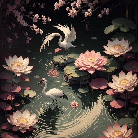 A Chinese aesthetic wallpaper featuring graceful cranes standing in a lotus pond surrounded by reeds and water lilies. The design uses soft ink wash painting techniques with a limited palette of black, white, and gentle shades of green and pink, symbolizin...