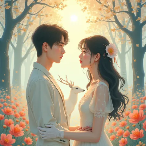 ((  original photo :1.2,  best quality)), Photo art， Very detailed, Extremely precise description, Ultra-fine drawing, ([ "Intertwined:1.2), (Romance movie vibe ),Spiritual， are in a pure white forest pointing to warm light、Beautiful rainbow-colored flower...