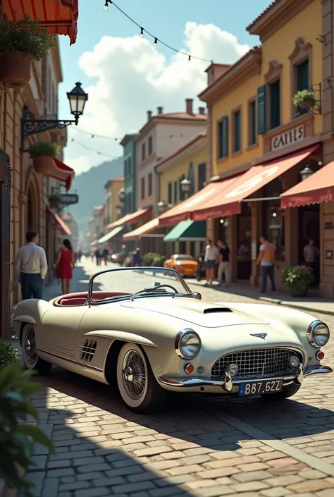 White Bentley type sports car 
With classic design in a town from the 60s