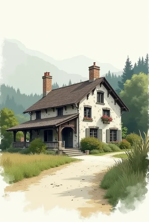 digital drawing and simulated watercolor .Use of digital graphite or charcoal :  The black lines that define the contours and details of the country house have a rough appearance,  similar to tracing with a pencil or charcoal ,  giving it a textured and ha...