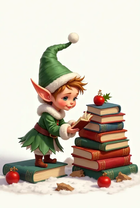 Drawing of an elf from Santa Claus choosing a book from several, On white background