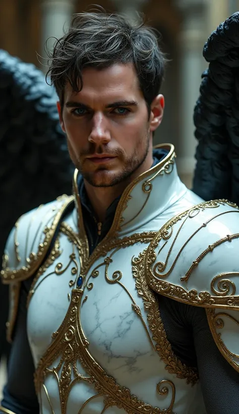 


A hyper-realistic, three-quarter body portrait of an ethereal, dark, and regal male character, inspired by Henry Cavill, with a powerful, supernatural presence. His marble-like skin seamlessly merges with white and gold armor, where the intricate baroqu...