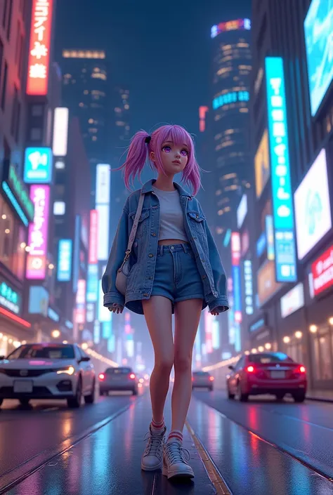 Create an image of an otaku girl in a night city 