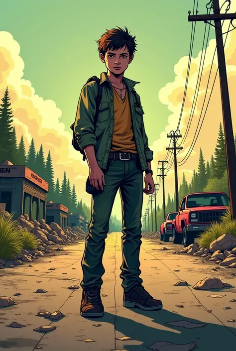 a survivor boy character, full body, in the background a road, the zombie apocalypse thematic, comic drawing style, HD, without gun,without weapons, very detailed.