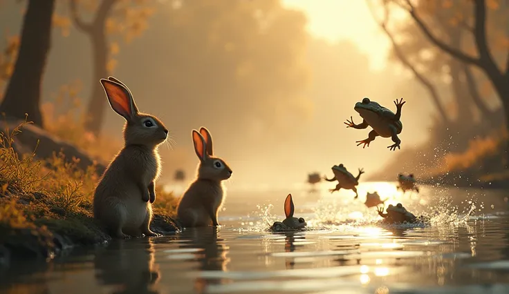 After reaching river in a dry forest,the group of rabbits was surprised to see the frogs jumping into the river one after the other in fear of seeing them.