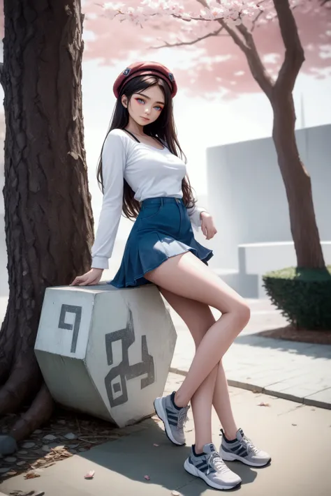 young woman, posing, leaning against tree, cherry blossoms, (+forehead, dark-brown hair, long hair, pastel-red beret ), white long sleeves off-shoulder t-shirt, black camisole straps, blue-gray denim mini skirt, gray sneakers, BREAK, (1girl, solo, full bod...