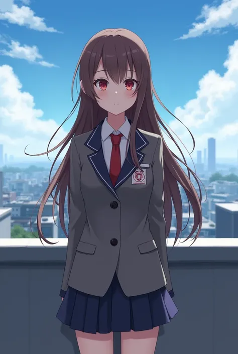 anime photo: portrait of a girl around , long brown hair, ruby eyes, wearing a Japanese schoolgirl uniform, standing on the school rooftop