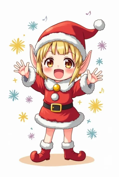 Anime drawing of a singing Santa Claus elf, On white background